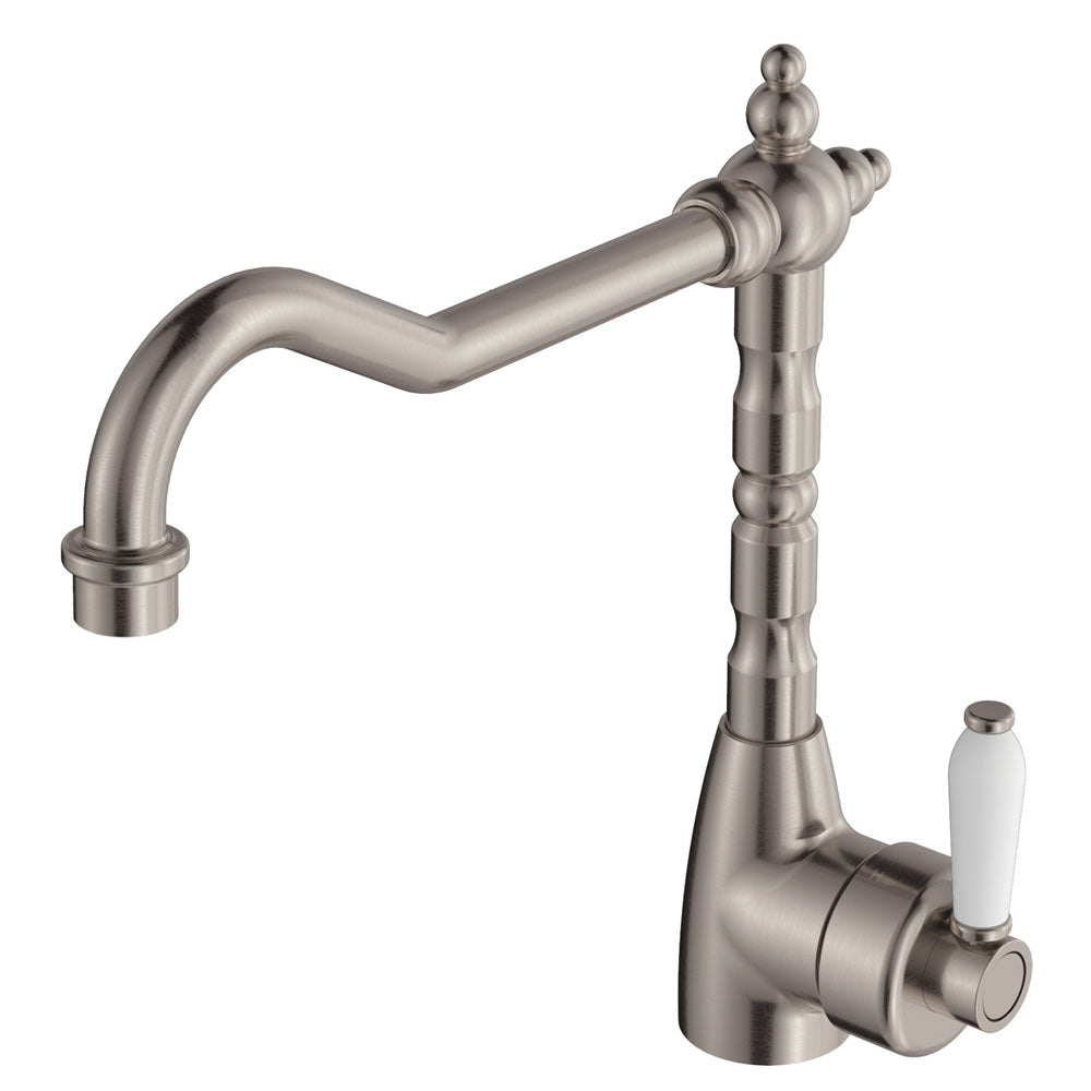 Fienza Eleanor Shepherds Crook Kitchen Sink Mixer Brushed Nickel / White Ceramic Handle