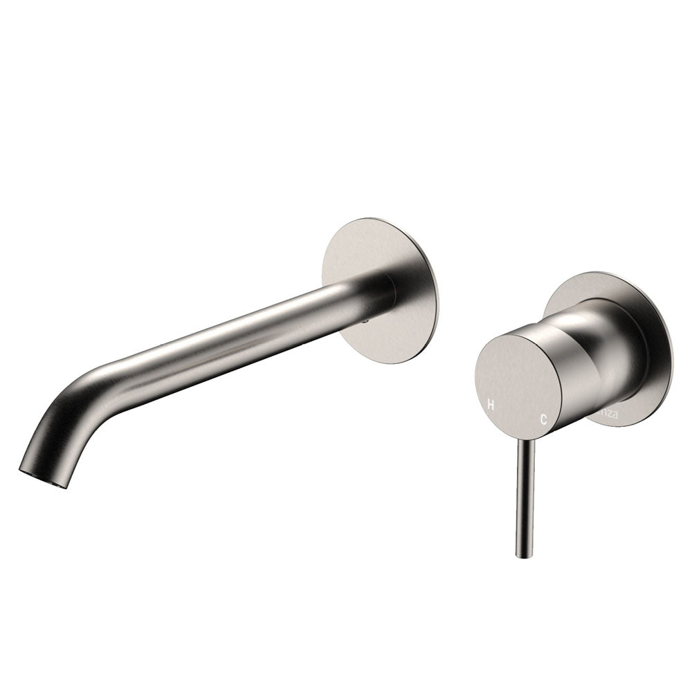 Fienza Kaya Basin/Bath Wall Mixer Set Round Plates 200mm Outlet Brushed Nickel (Lead Free)