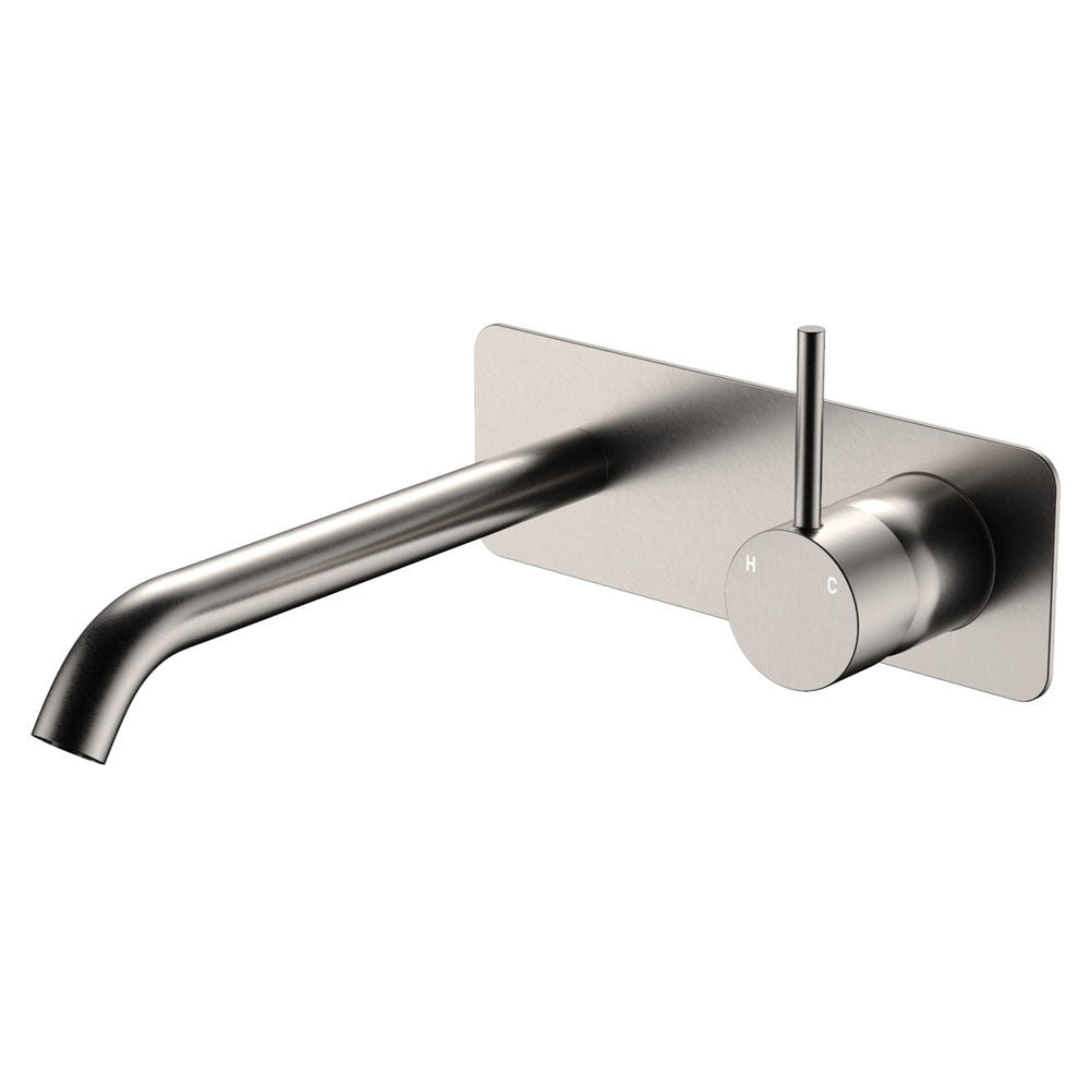 Fienza Kaya Up Basin/Bath Wall Mixer Set Rectangular Plate 200mm Outlet Brushed Nickel LF