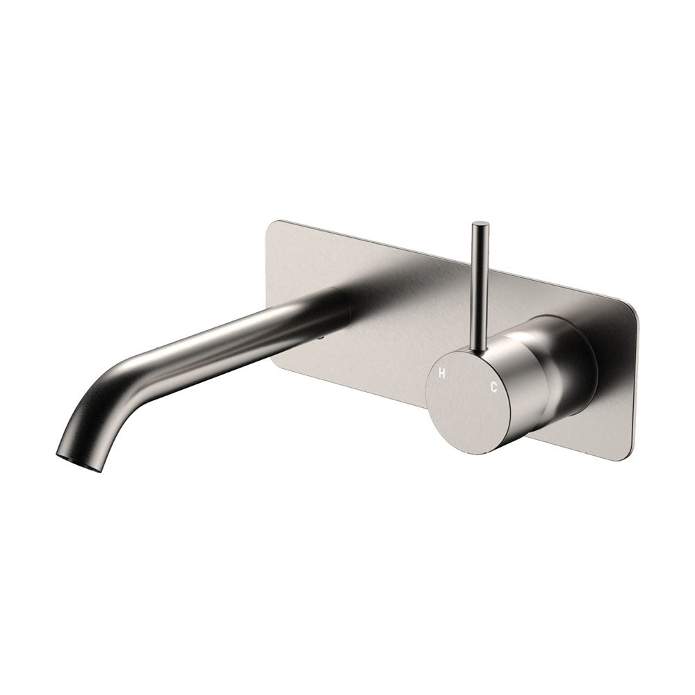 Fienza Kaya Up Basin/Bath Wall Mixer Set Rectangular Plate 160mm Outlet Brushed Nickel