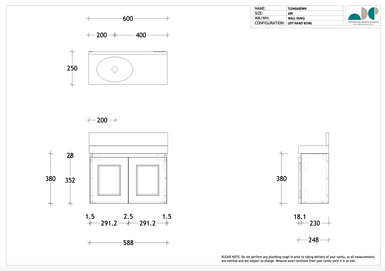 London Mini All Door 600 WH L CPie Matte White Basin