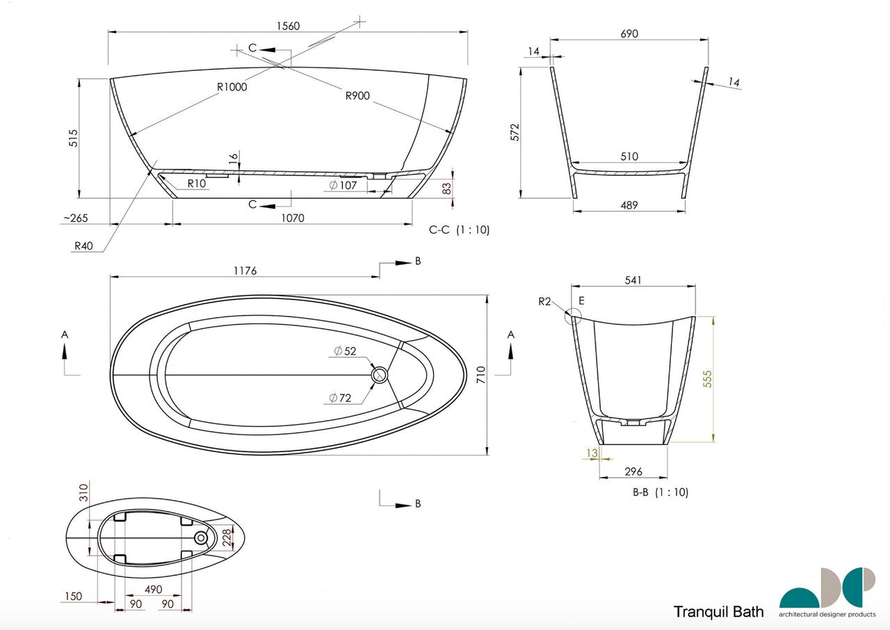 TRANQUIL bathtub solid white 1570x700