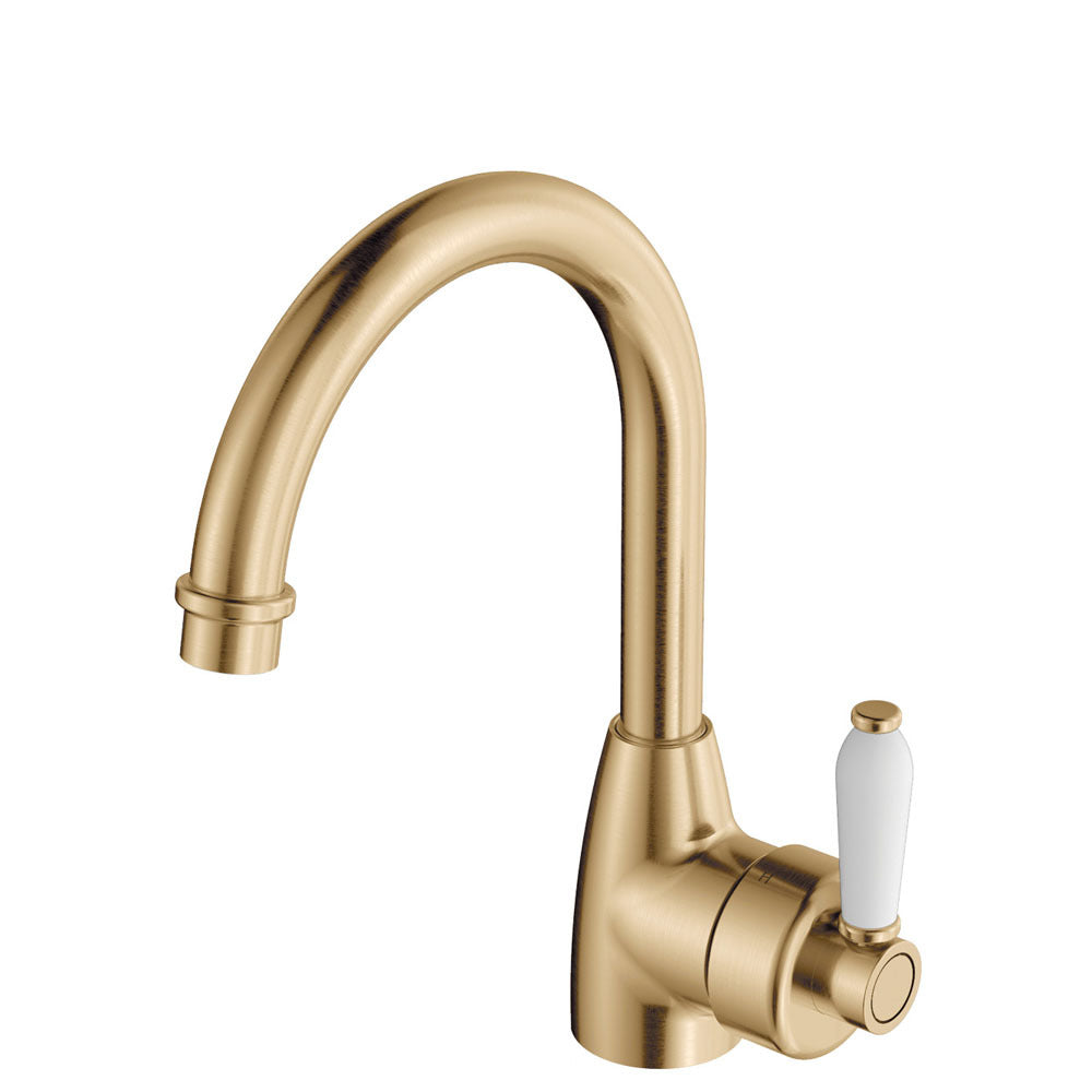 Fienza Eleanor Gooseneck Basin Mixer Urban Brass / White Ceramic Handle