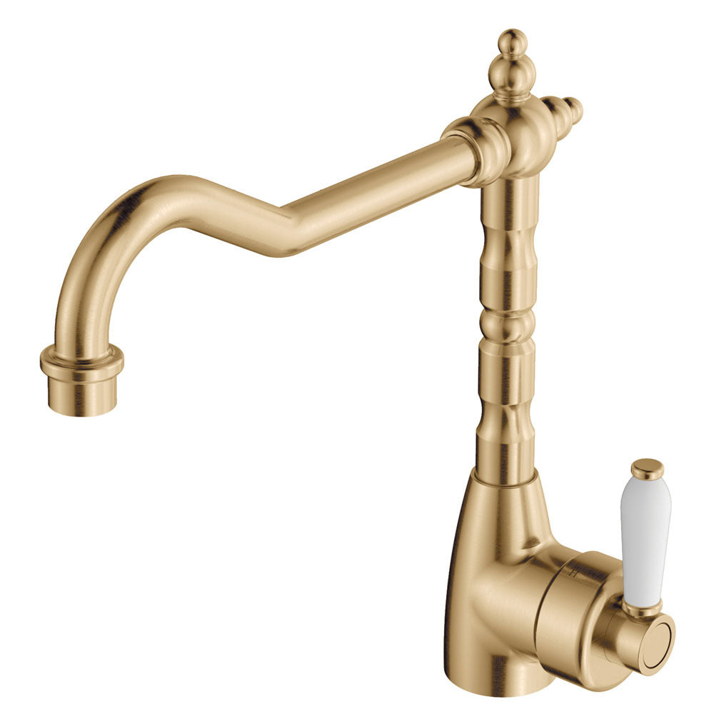 Fienza Eleanor Shepherds Crook Kitchen Sink Mixer Urban Brass / White Ceramic Handle LF