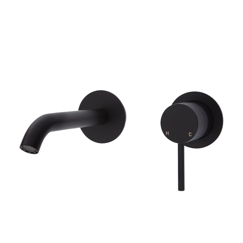 Fienza Kaya Basin/Bath Wall Mixer Set Round Plates 160mm Outlet Matte Black (Lead Free)