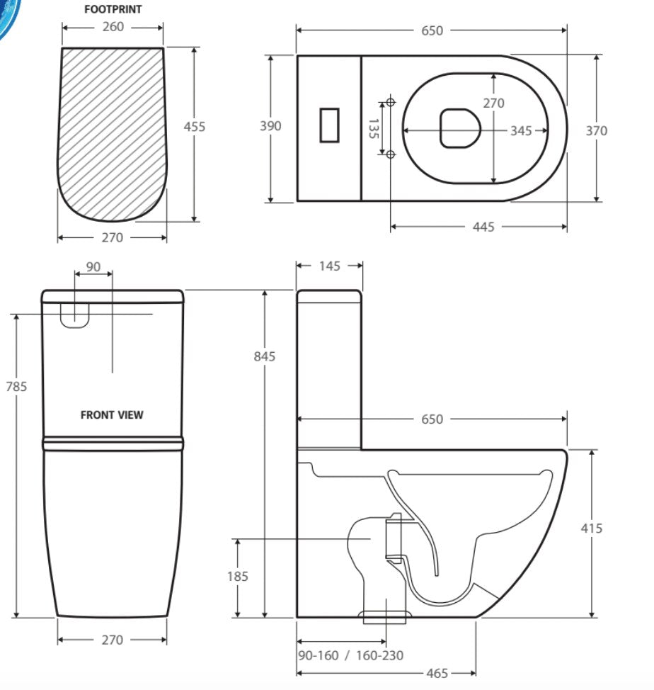 KOKO BTW S-Trap 90-160 Toilet Suite (4 Star, 4.5L/3L): Gloss White