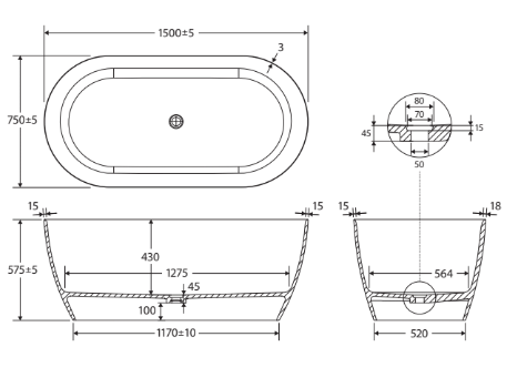 Fienza Kaya 1500mm Lightweight Resin Stone Freestanding Bath