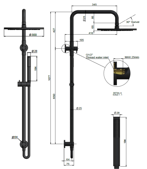 Meir Round Combination Shower Rail, 300mm Rose, Single Function Hand Shower, Tiger Bronze