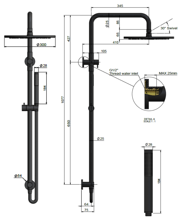 Meir Round Combination Shower Rail, 300mm Rose, Single Function Hand Shower, Matte Black