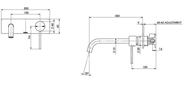 Phoenix Vivid Slimline Wall Bath Mixer Set 230mm Curved, Gunmetal