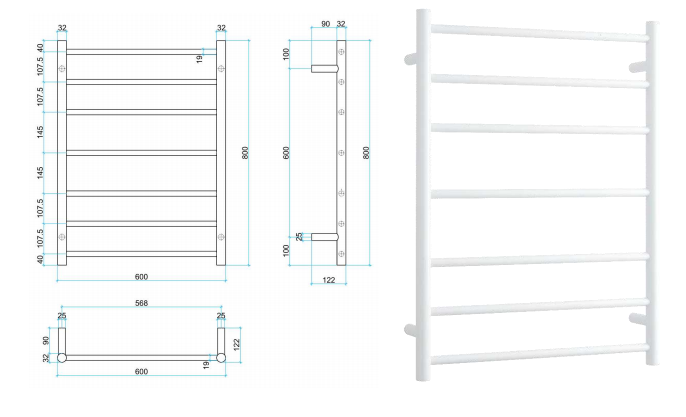 Thermorail Straight/Round 600x800x122mm 80Watts 7 Bars