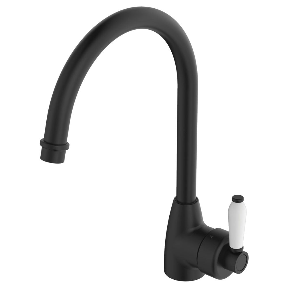 Fienza Eleanor Gooseneck Kitchen Mixer Matte Black / White Ceramic Handle