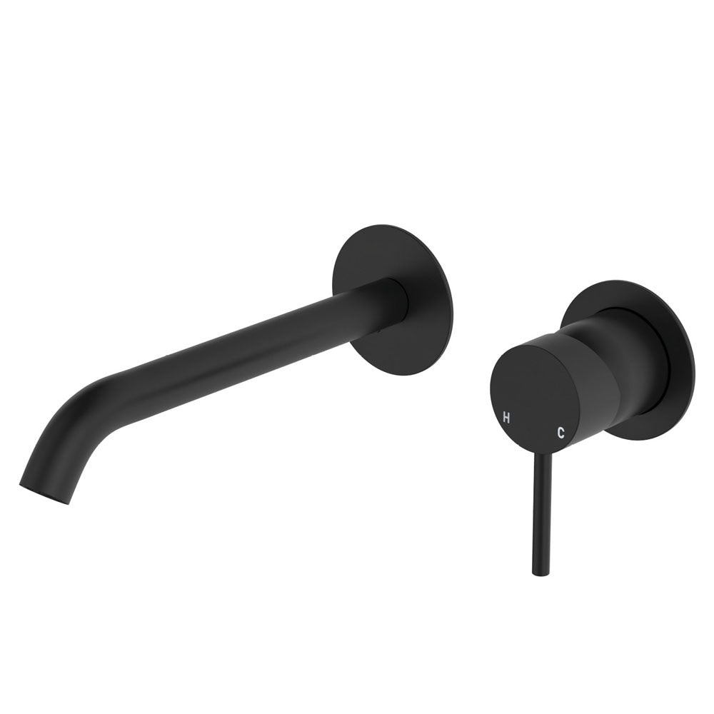 Fienza Kaya Basin/Bath Wall Mixer Set Round Plates 200mm Outlet Matte Black