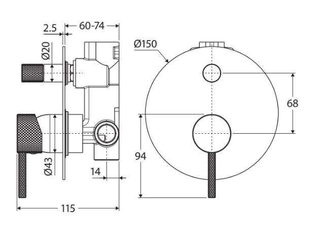 Fienza Axle Wall Diverter Mixer, Large Round Plate Matte Black