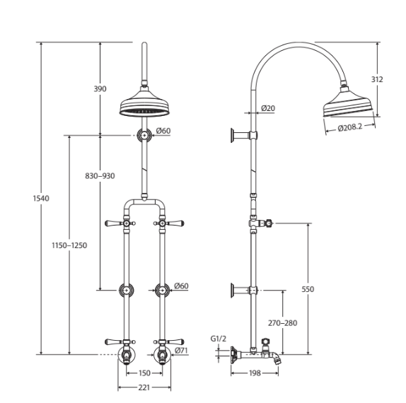 Fienza Lillian Exposed Shower and Bath Set with Lever Handles, Urban Brass