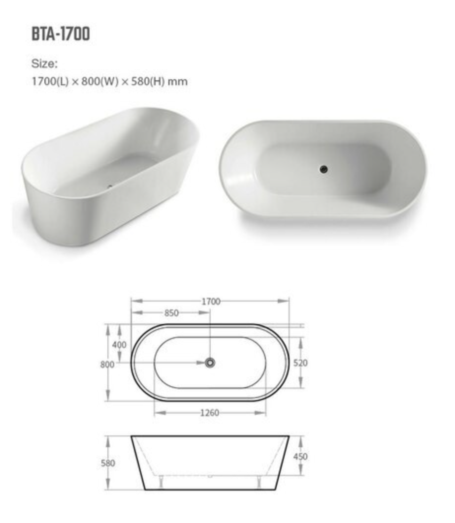 BNK Prato 1700 Freestanding Bath Matte - White