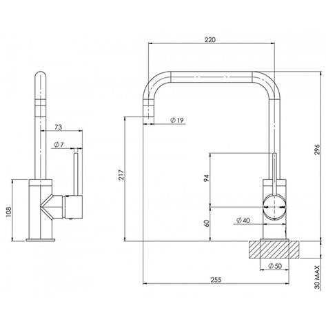 Phoenix Vivid Slimline Sink Mixer 220mm Squareline - Matte Black