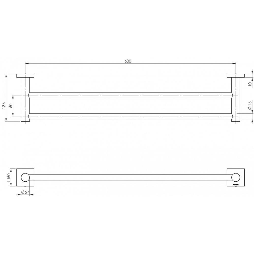 Phoenix Radii Double Towel Rail 600mm Square Plate - Brushed Nickel
