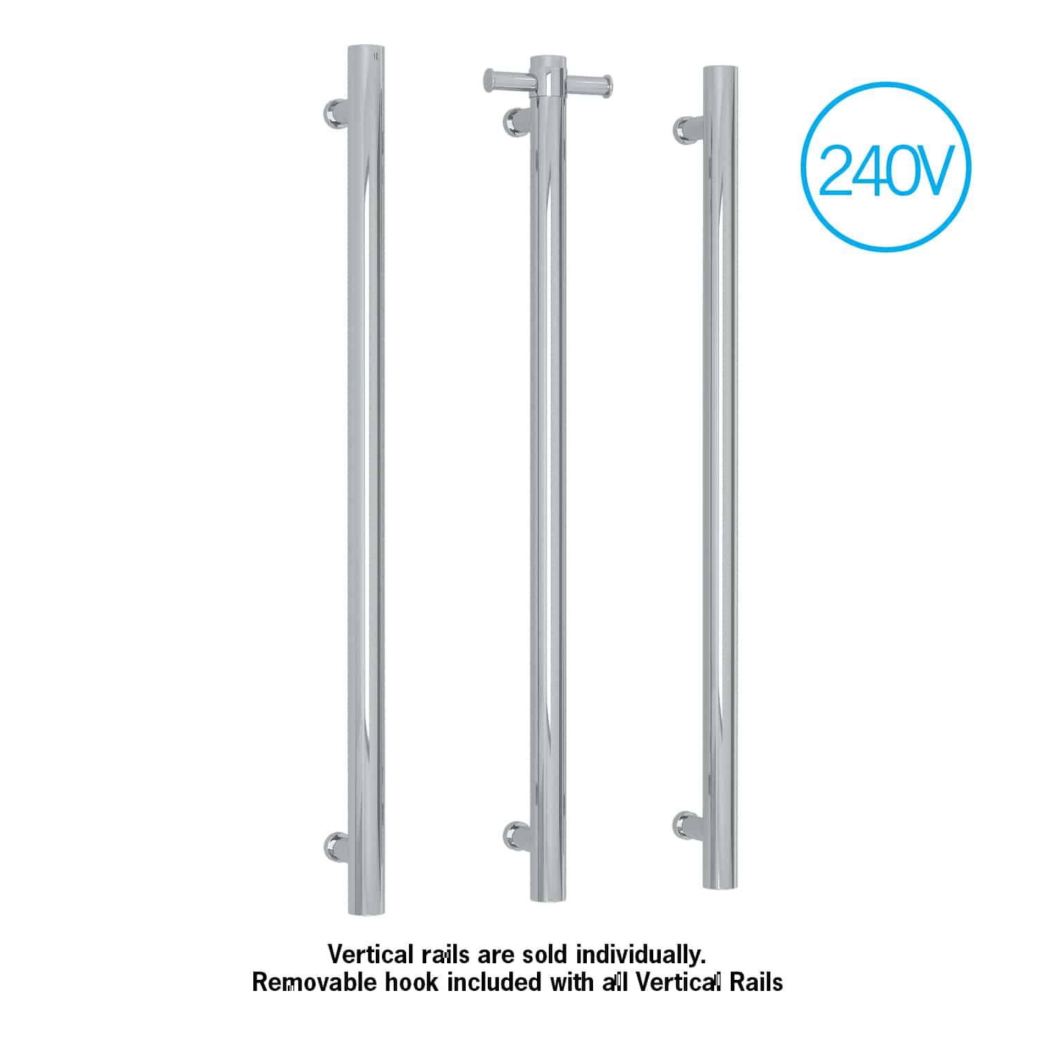 Thermogroup Thermorail Vertical Round 240Volt Heated Towel Rail, Polished Stainless Steel