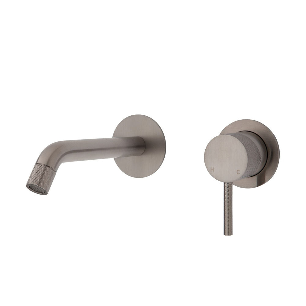 Fienza Axle Basin/Bath Wall Mixer, 200mm Outlet, Small Round Plates Brushed Nickel