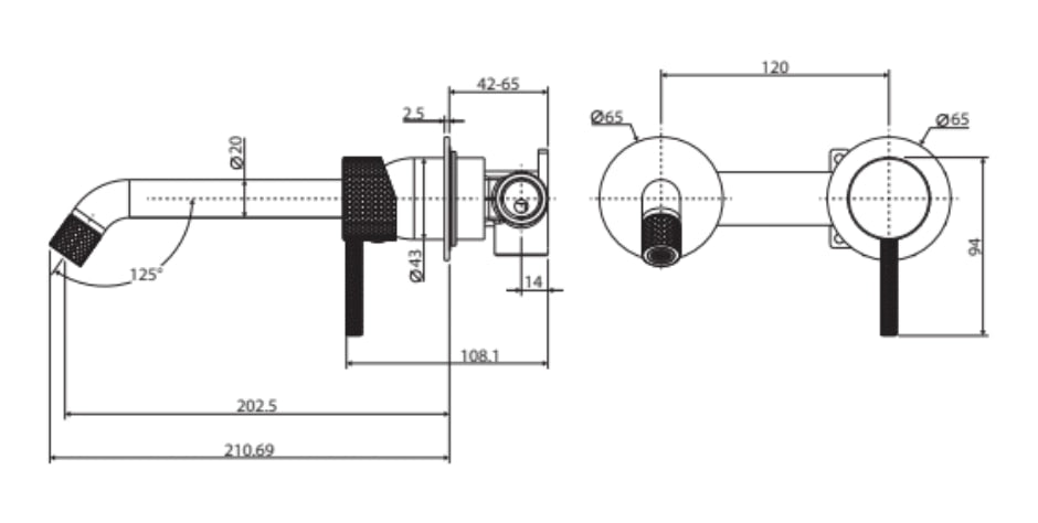 Fienza Axle Basin/Bath Wall Mixer, 200mm Outlet, Small Round Plates Gun Metal