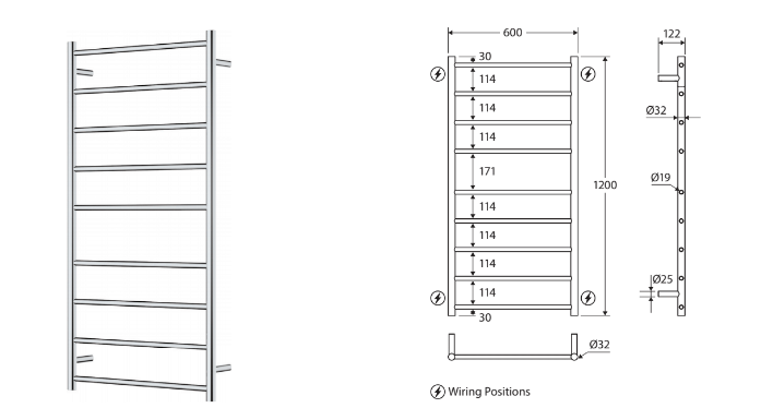 Fienza Isabella Heated Towel Ladder 9 Bars 600x1200mm, Urban Brass