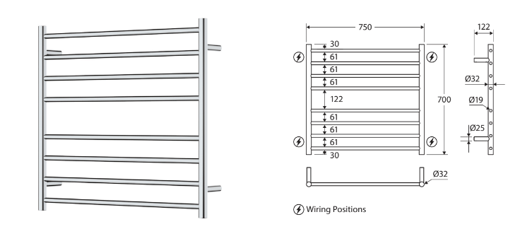 Fienza Isabella Heated Towel Ladder 8 Bars 750x750mm, Brushed Nickel