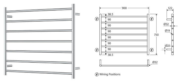 Fienza Isabella Heated Towel Ladder 7 Bars 900x750mm, Chrome