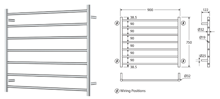 Fienza Isabella Heated Towel Ladder 7 Bars 900x750mm, Matte Black