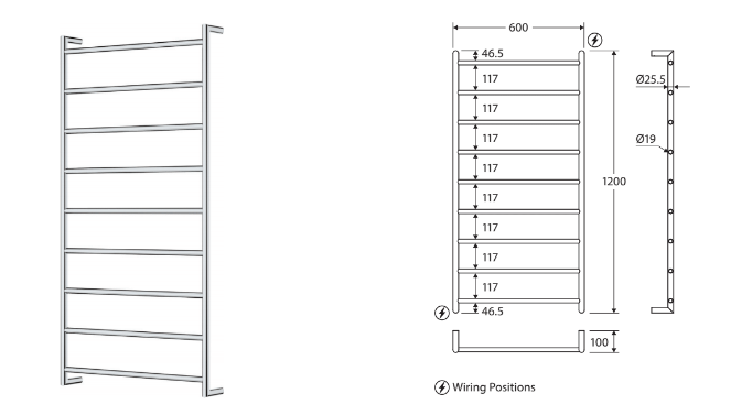 Fienza Kaya Round Heated Towel Rail Brushed Nickel (9 Bars) 600x1200