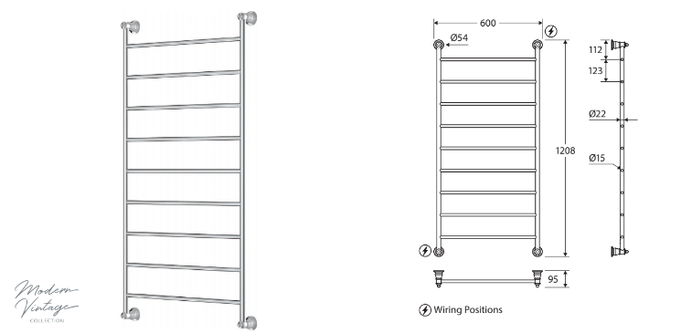 Fienza Lillian Heated Towel Rail (9 Bars) 600x1200mm, Brushed Nickel