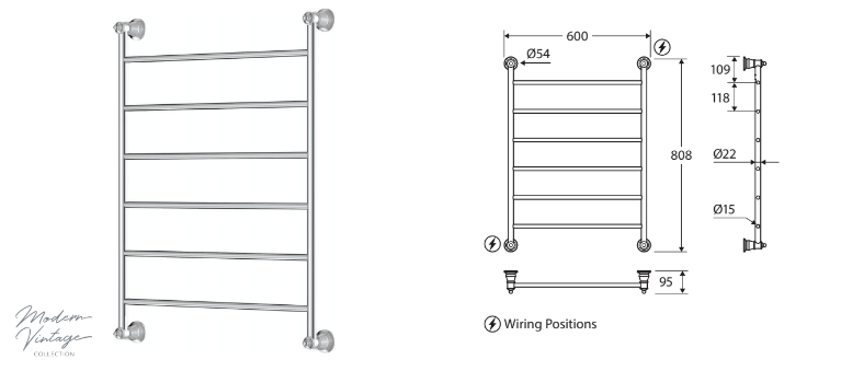 Fienza Lillian Heated Towel Rail (6 Bars) 600x800mm, Urban Brass