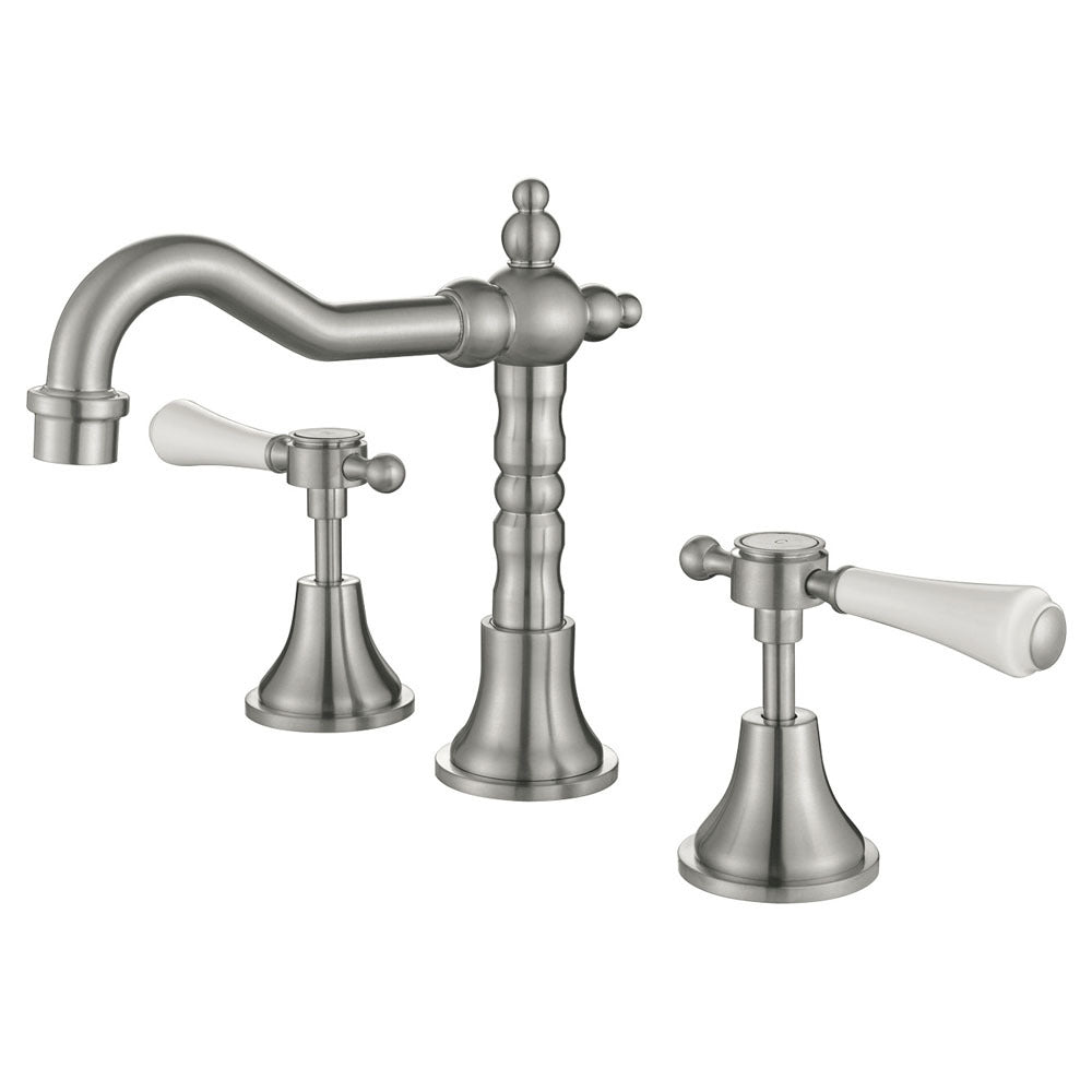 Fienza Lillian Lever Basin Set, Brushed Nickel White Handle