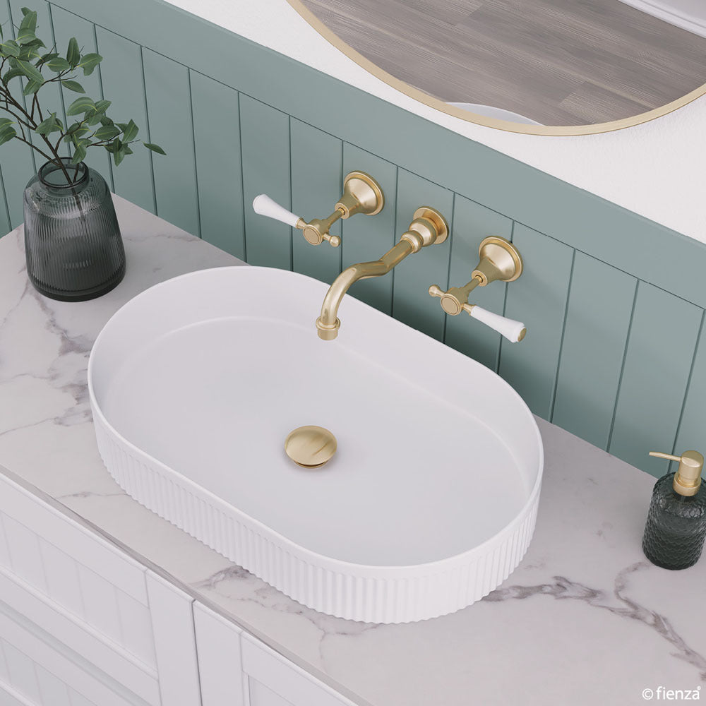 Fienza Lillian Lever Basin Set, Urban Brass White Handle