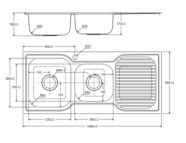 Fienza Tiva 1080 1.75 Kitchen Sink with Drainer, Right Bowl