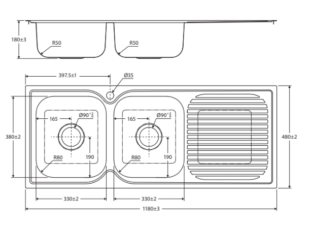 Fienza Tiva 1180 Double Kitchen Sink with Drainer, Left Bowl