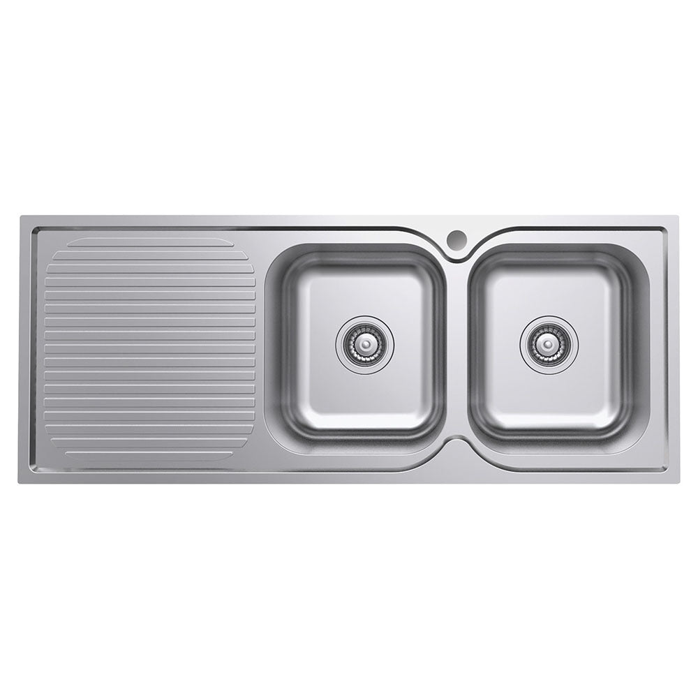 Fienza Tiva 1180 Double Kitchen Sink with Drainer, Right Bowl