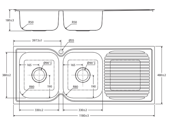 Fienza Tiva 1180 Double Kitchen Sink with Drainer, Right Bowl