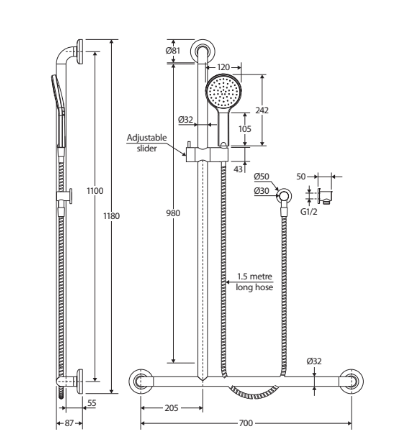 Fienza Luciana Care Inverted T Rail Shower Right Hand Chrome