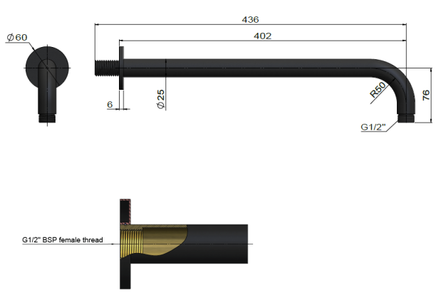 Meir Round Wall Shower Curved Arm 400mm, Matte Black