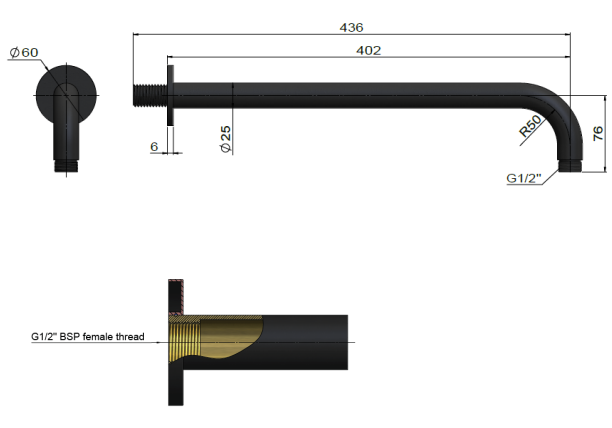 Meir Round Wall Shower Curved Arm 400mm, Brushed Nickel