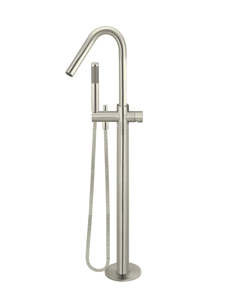 Meir Round Pinless Freestanding Bath Spout and Hand Shower, Brushed Nickel