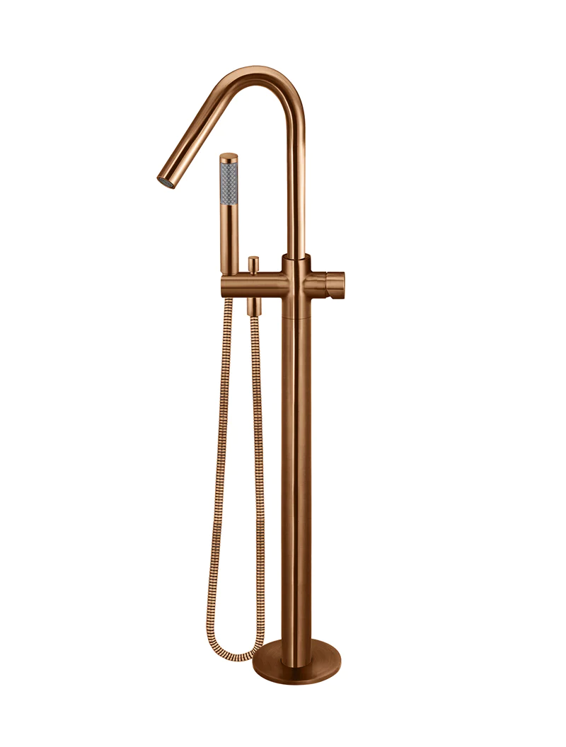 Meir Round Pinless Freestanding Bath Spout and Hand Shower, Lustre Bronze