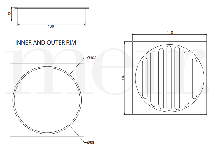Meir Square Floor Grate Shower Drain 100mm Outlet, Chrome