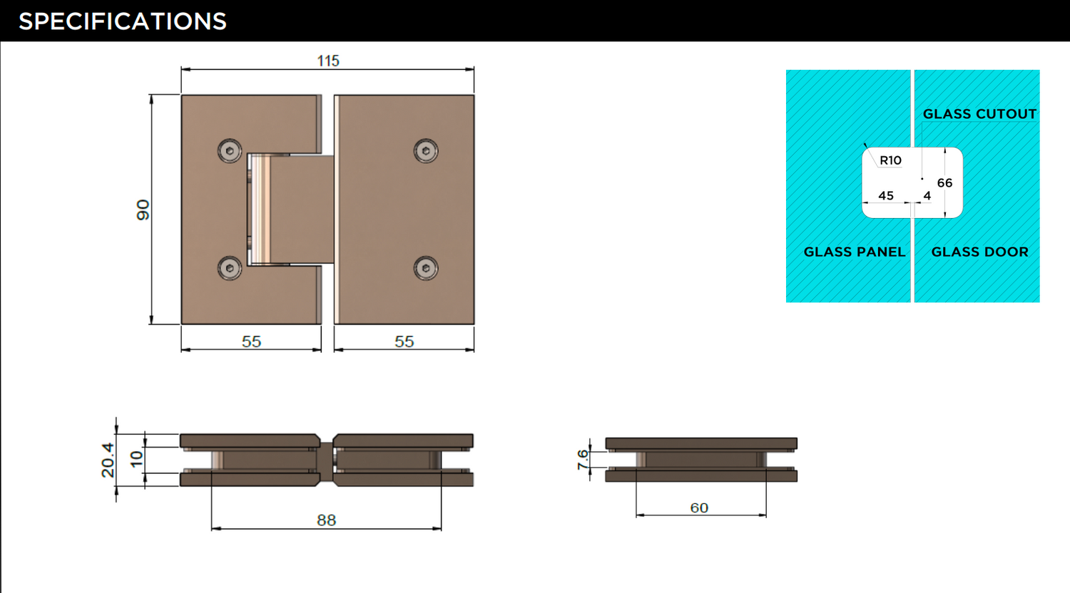 Meir Glass to Glass Shower Door Hinge, Lustre Bronze