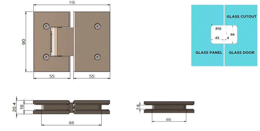 Meir Glass to Glass Shower Door Hinge, Tiger Bronze