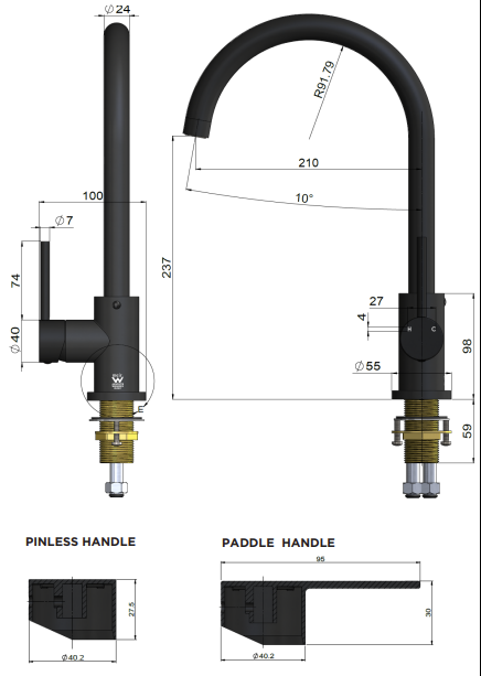 Meir Round Paddle Gooseneck Kitchen Mixer Tap, Matte Black