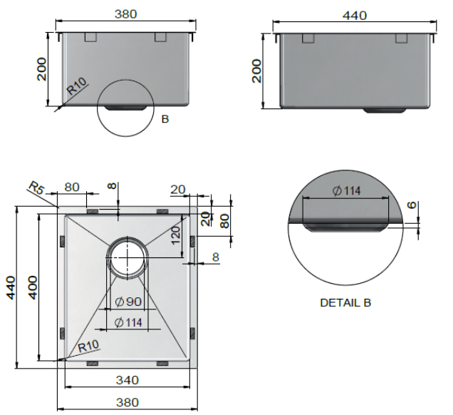 Meir Kitchen Sink, Single Bowl 380 x 440, Gunmetal