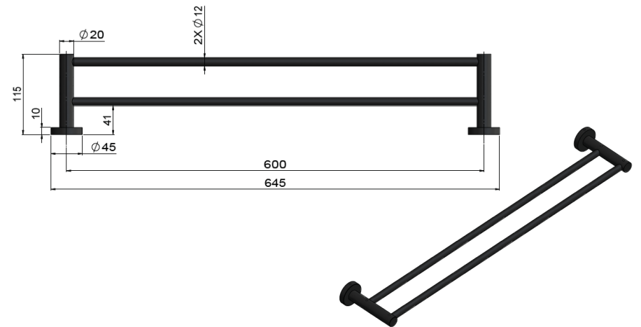 Meir Round Double Towel Rail 600mm, Matte Black