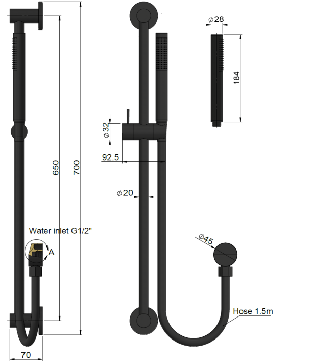 Meir Round Hand Shower on Rail Column, Single Function Hand Shower, Shadow